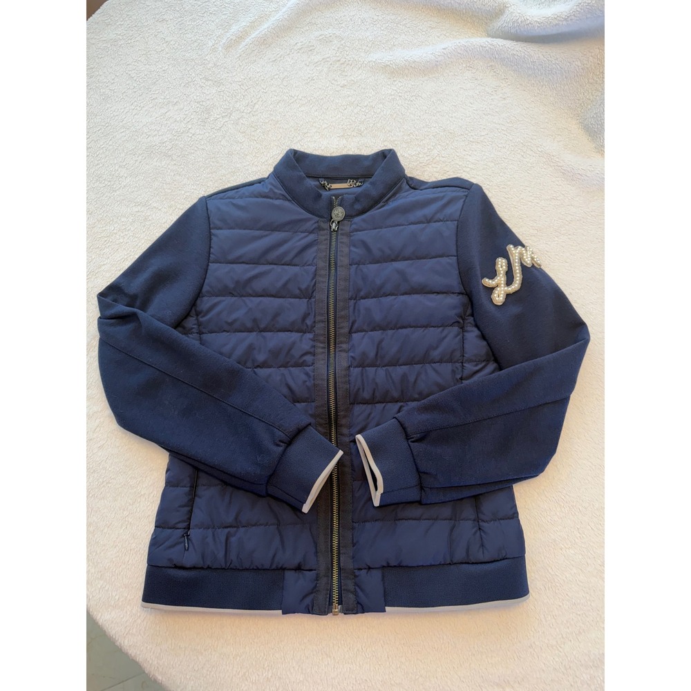 La Martina Navy Blue Quilted Mixed Media Jacket Pearl Logo Embellished Size 1